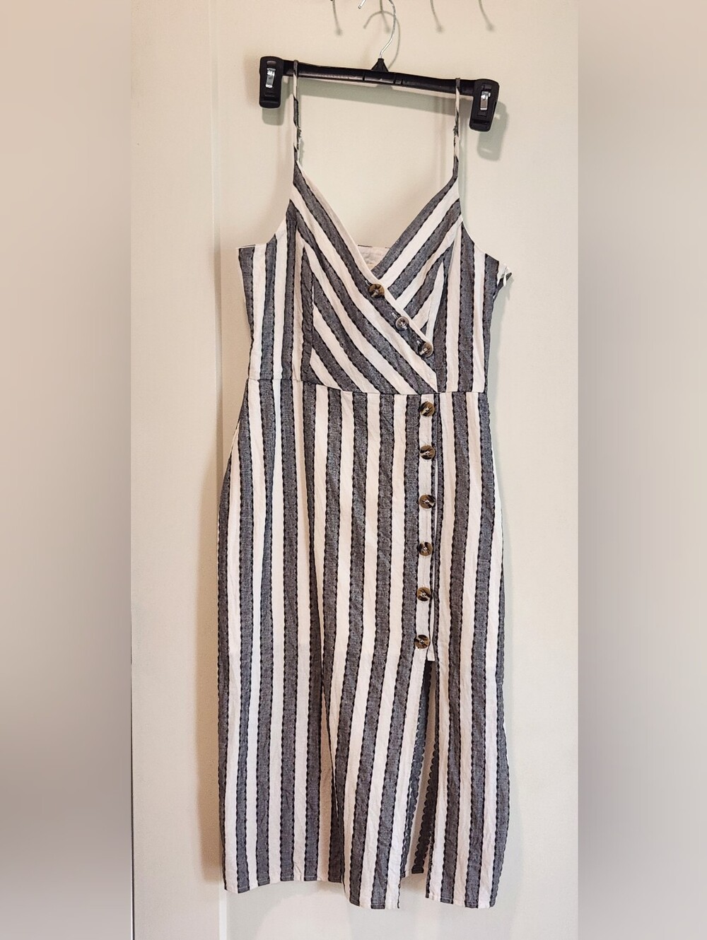 Harper Heritage Striped Button Front Midi Cotton Dress Slit Boho Size Small